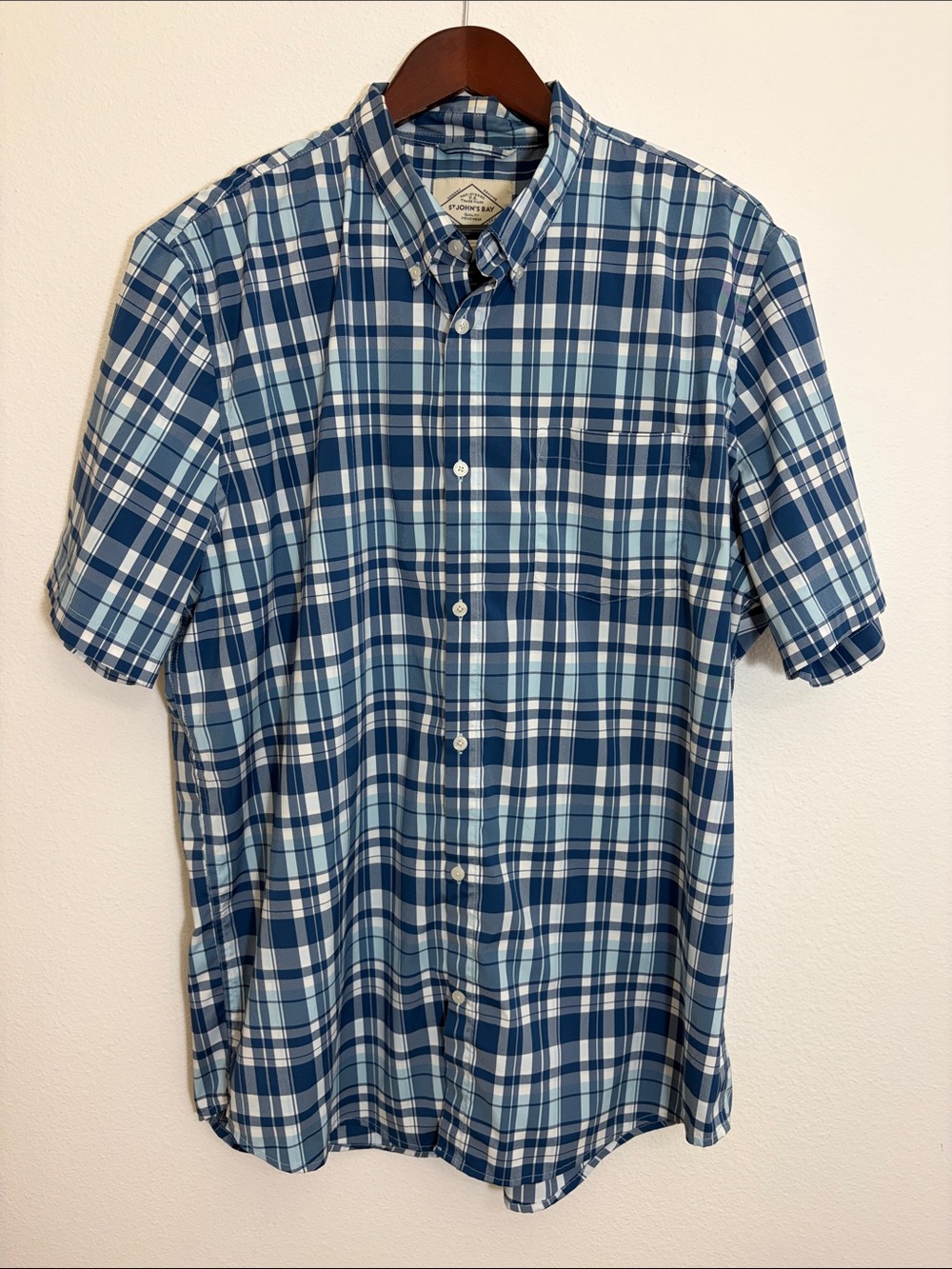 St. John’s Bay Short-Sleeve Blue Plaid Button-Down Shirt